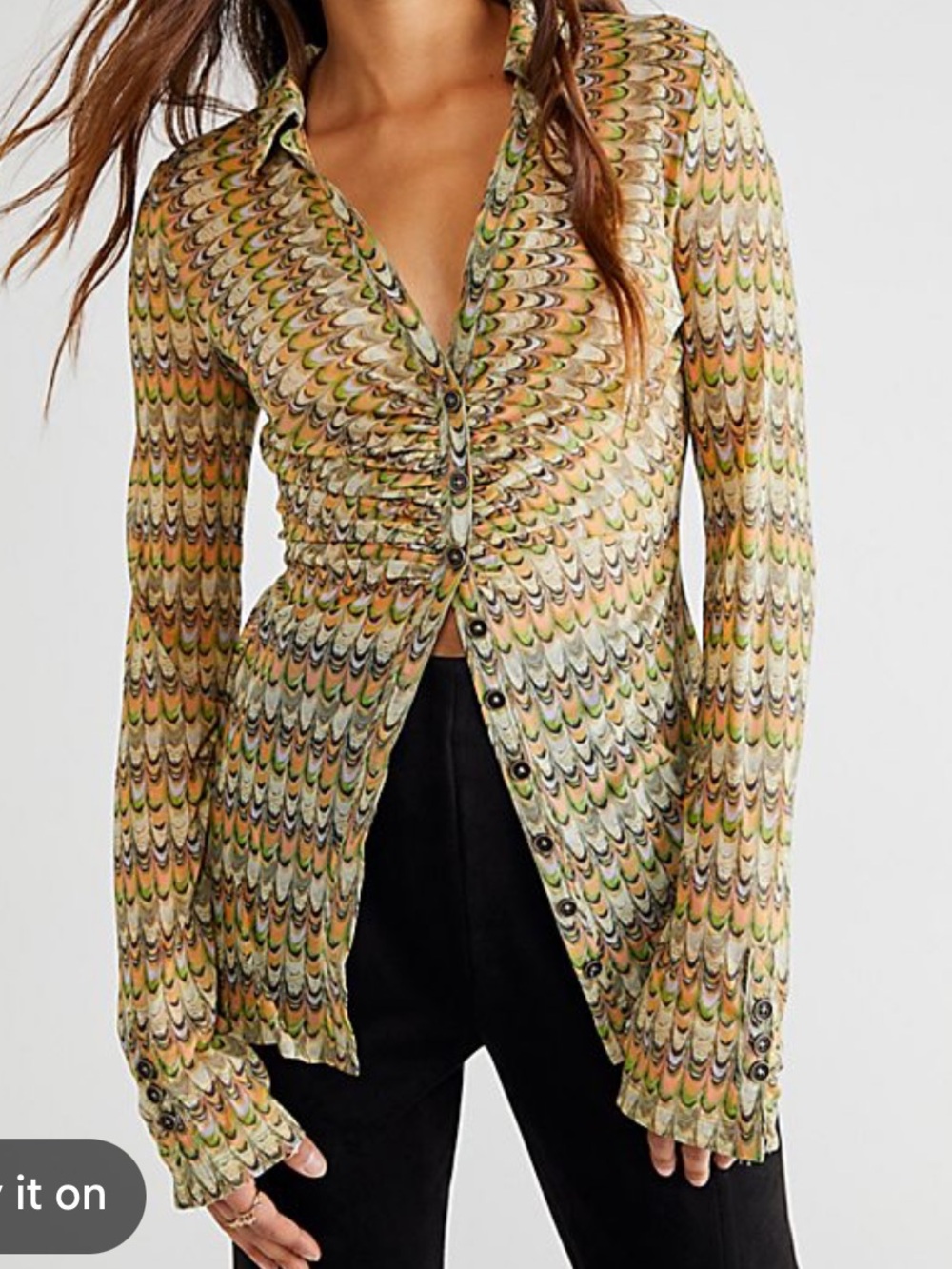 Free People Mesh Brown Green Pattern Top 70’s Groovy size Small